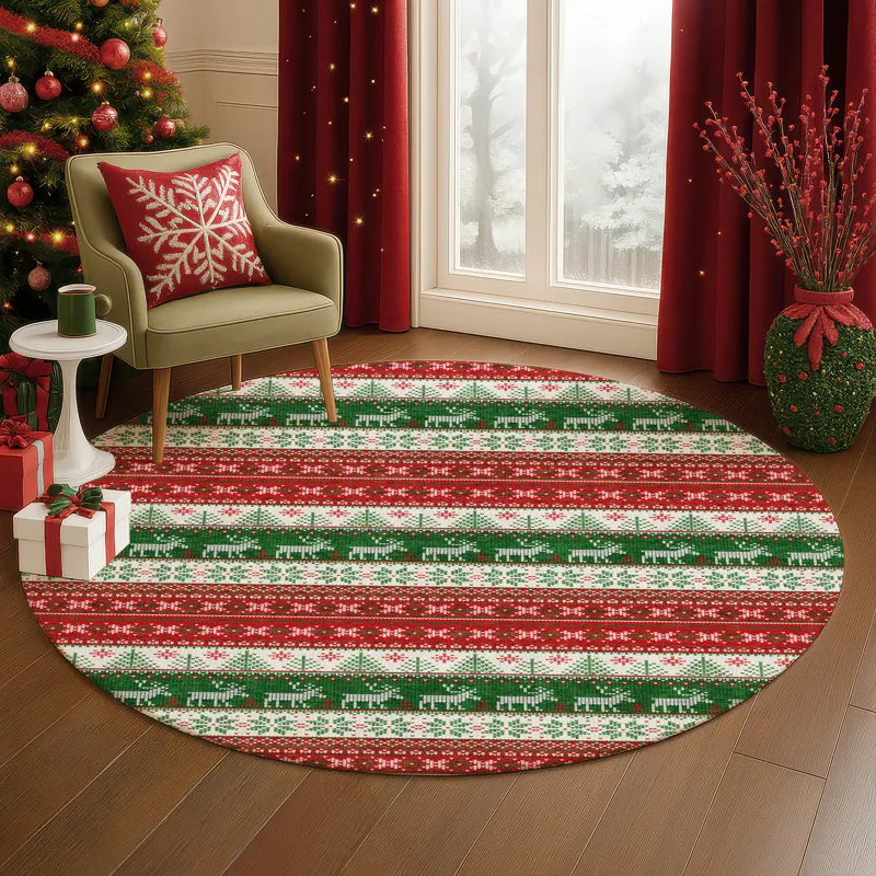 Luxury Washable Indoor/Outdoor Merry & Bright Red 8\' x 8\' Round Rug