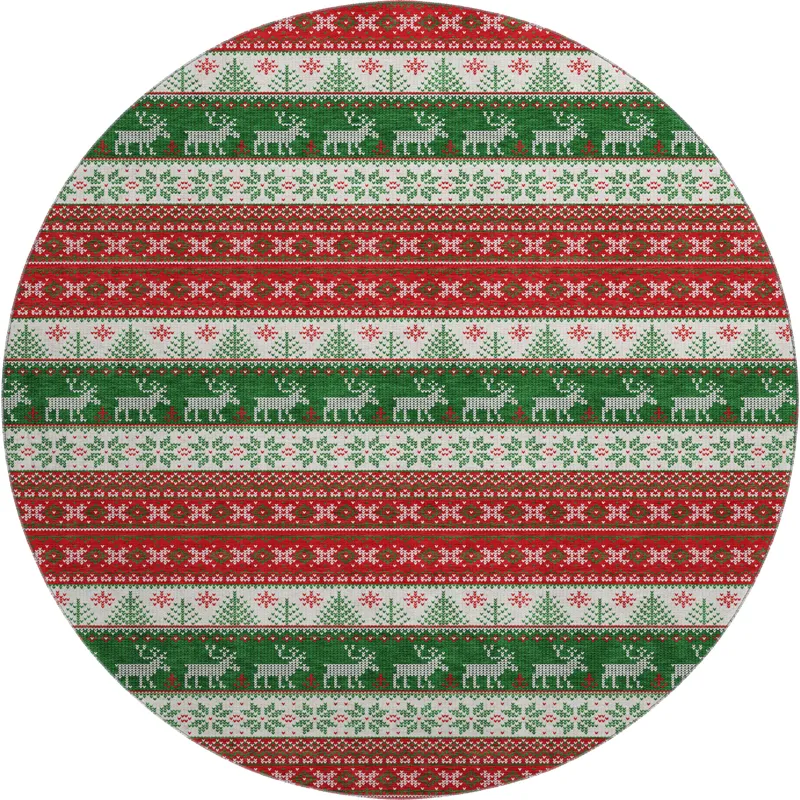 Luxury Washable Indoor/Outdoor Merry & Bright Red 8\' x 8\' Round Rug