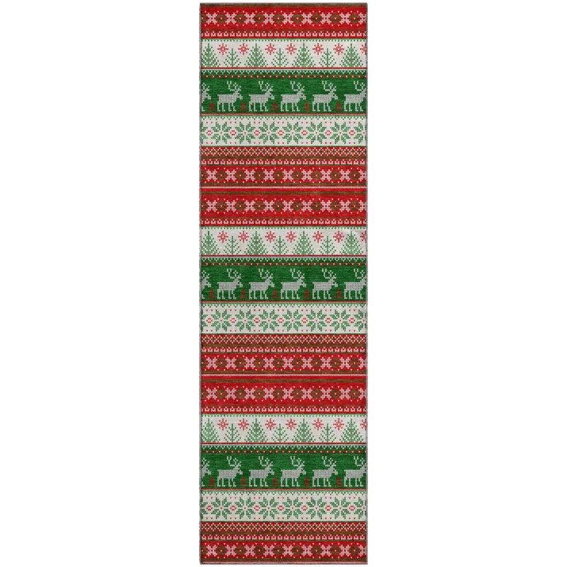 Luxury Washable Indoor/Outdoor Merry & Bright Red 2\'3\" x 7\'6\" Runner Rug