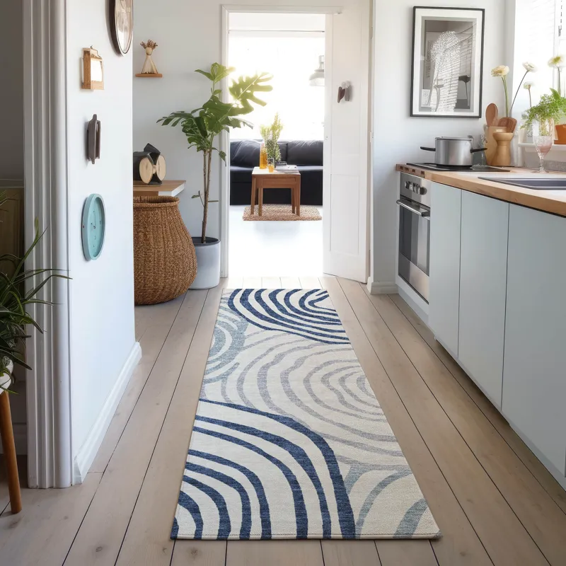 Machine Washable Indoor/Outdoor Neo Blue 2\'3\" x 7\'6\" Runner Rug