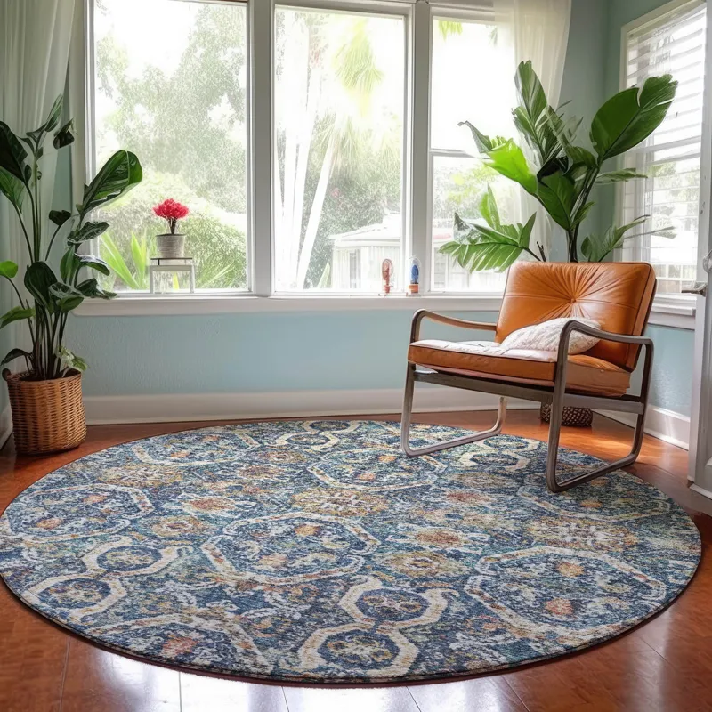Machine Washable Indoor/Outdoor Neo Denim 8\' x 8\' Round Rug