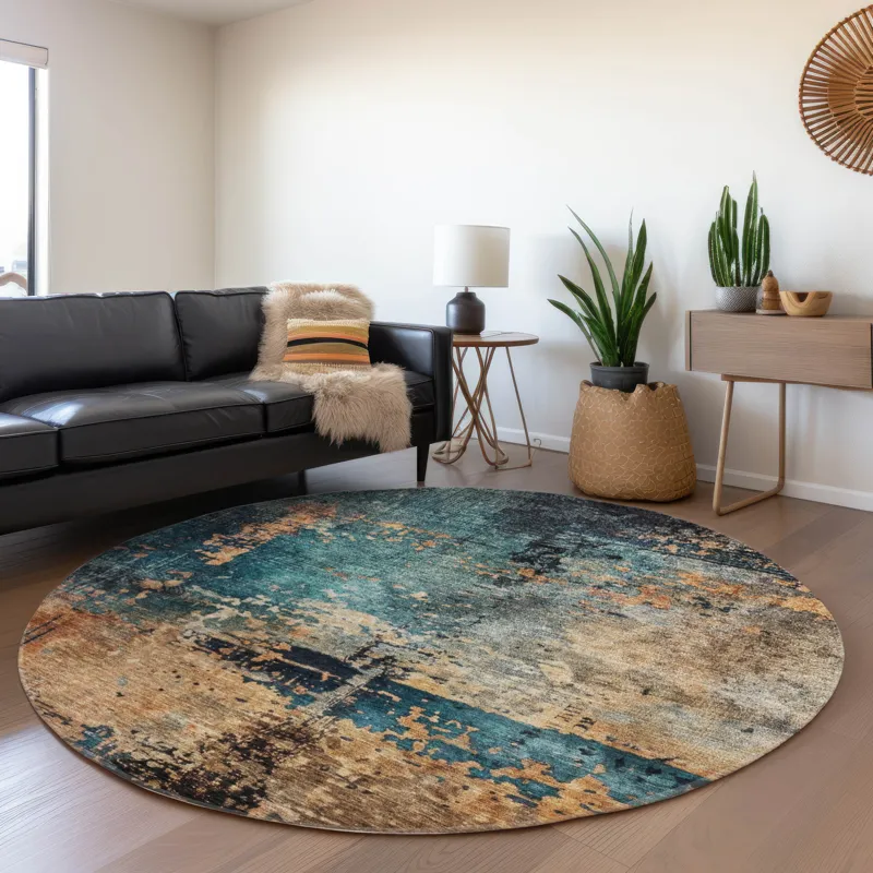 Indoor/Outdoor Nouveau Teal 8\' x 8\' Round Rug