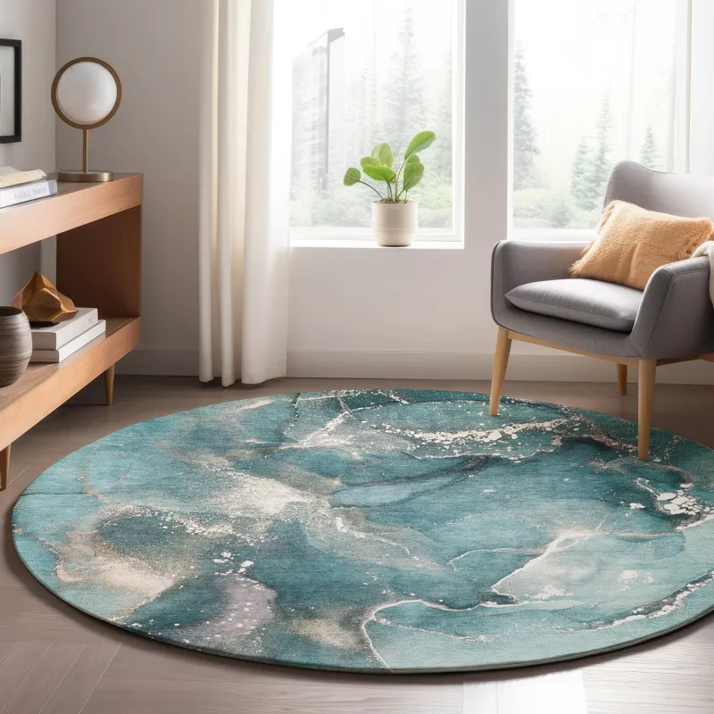 Luxury Washable Odyssey Teal 8\' x 8\' Round Rug