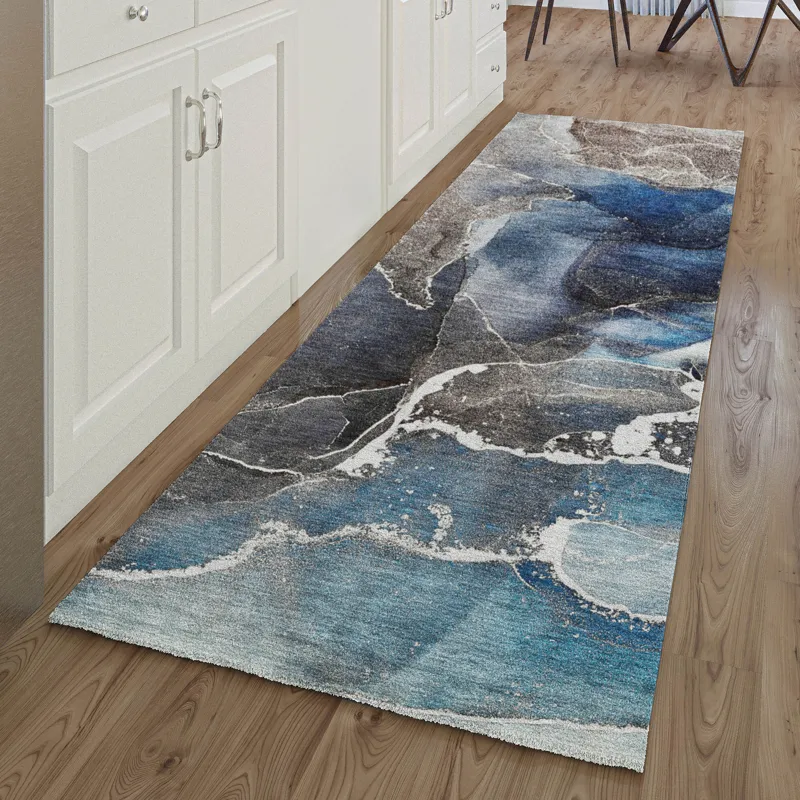 Luxury Washable Odyssey Blue 2\'3\" x 7\'6\" Runner Rug