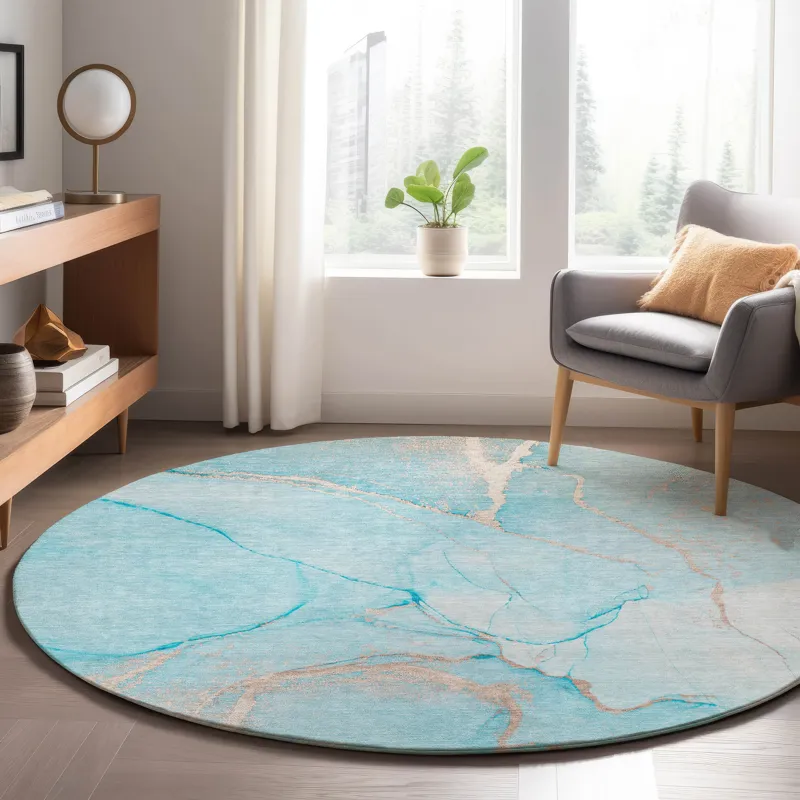 Luxury Washable Odyssey Teal 8\' x 8\' Round Rug
