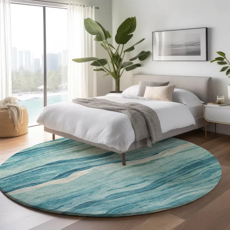 Machine Washable Indoor/Outdoor Pacifica Turquoise 8\' x 8\' Round Rug