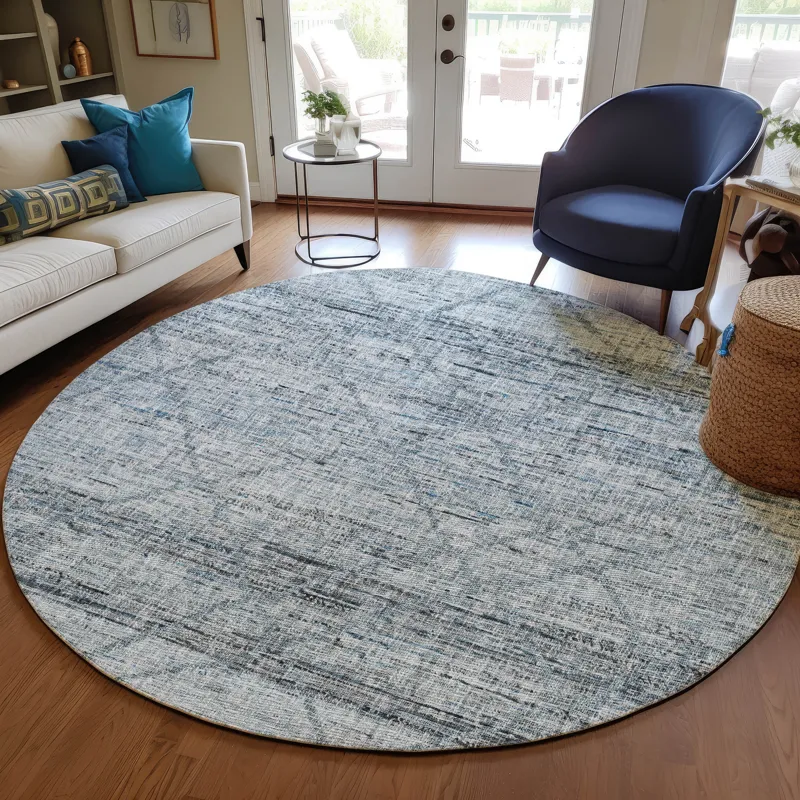 Luxury Washable Indoor/Outdoor Portico Blue 8\' x 8\' Round Rug