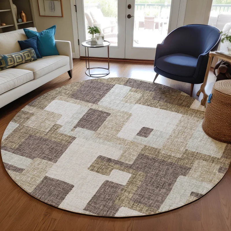 Luxury Washable Indoor/Outdoor Portico Brown 8\' x 8\' Round Rug
