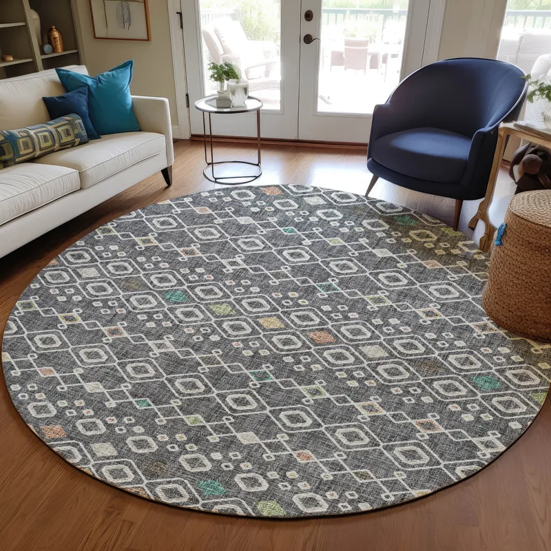 Luxury Washable Indoor/Outdoor Portico Gray 8\' x 8\' Round Rug