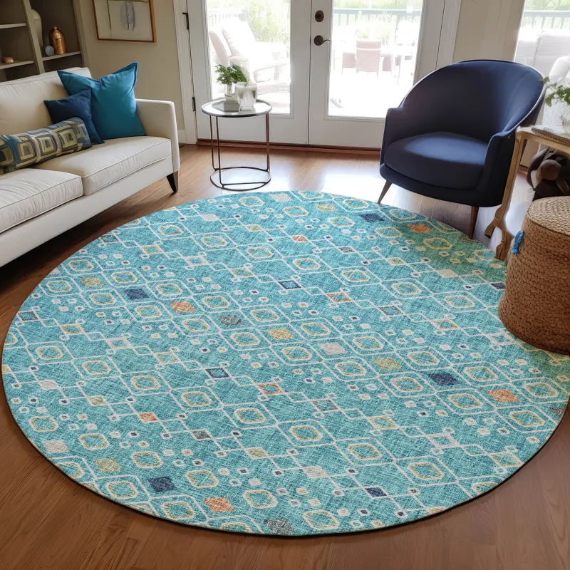 Luxury Washable Indoor/Outdoor Portico Teal 8\' x 8\' Round Rug