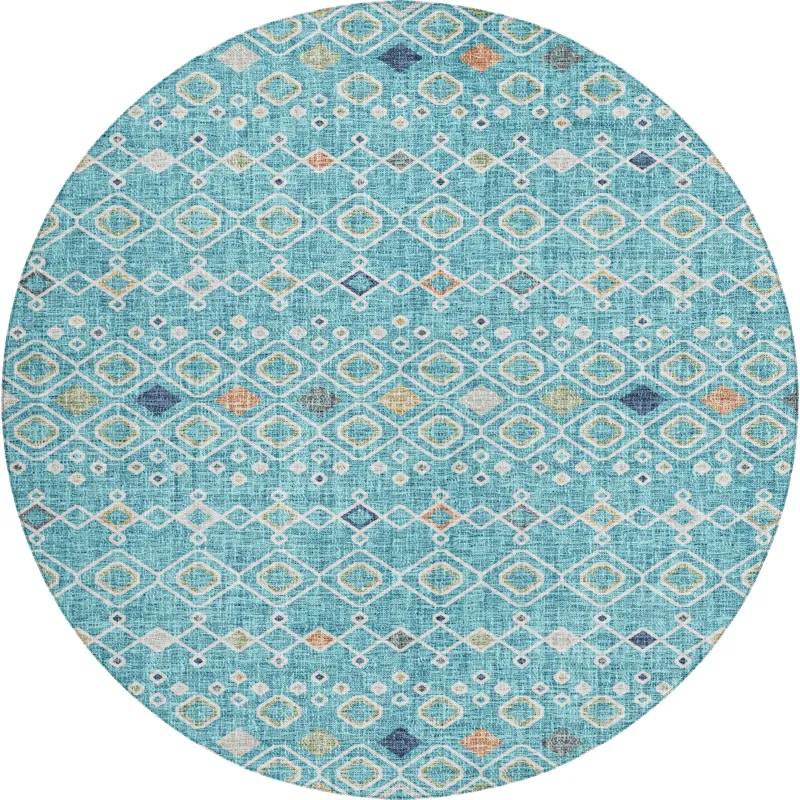 Luxury Washable Indoor/Outdoor Portico Teal 8\' x 8\' Round Rug