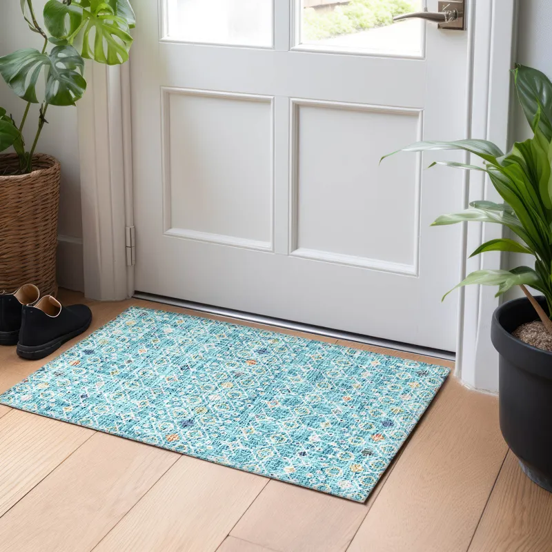 Luxury Washable Indoor/Outdoor Portico Teal 1\'8\" x 2\'6\" Rug
