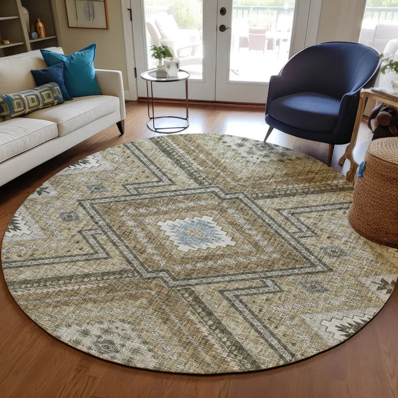Luxury Washable Indoor/Outdoor Portico Beige 8\' x 8\' Round Rug