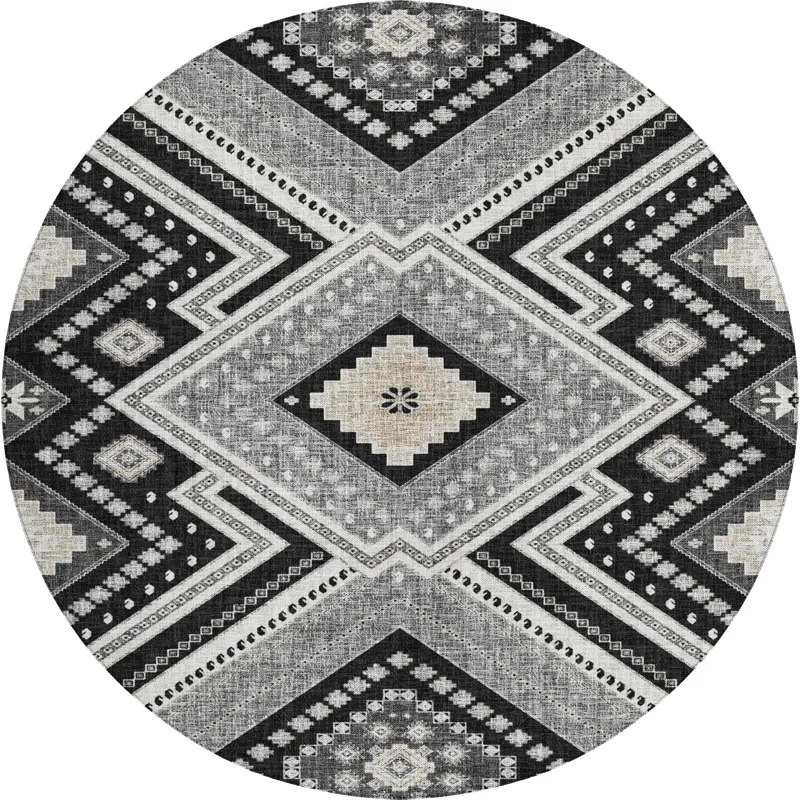 Luxury Washable Indoor/Outdoor Portico Black 8\' x 8\' Round Rug