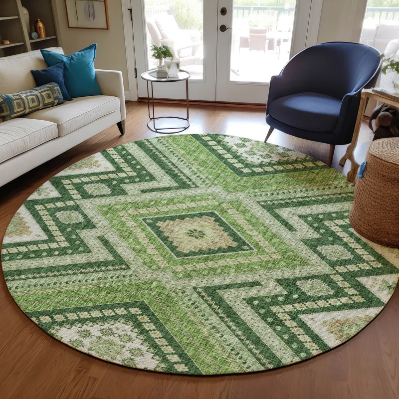 Luxury Washable Indoor/Outdoor Portico Green 8\' x 8\' Round Rug