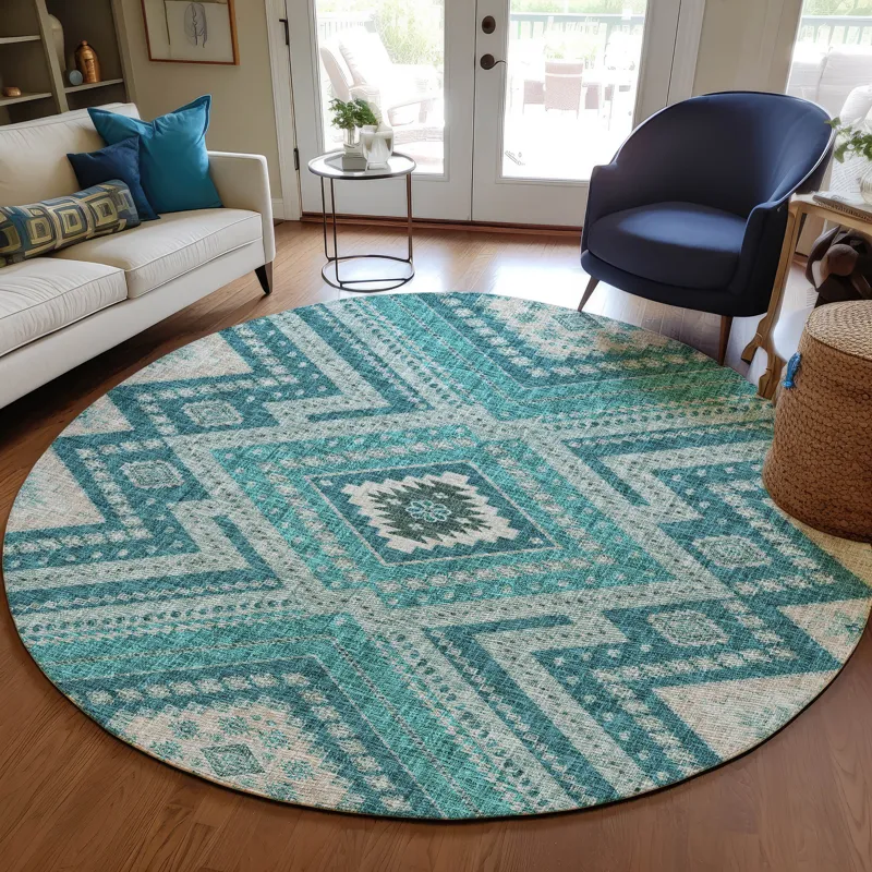 Luxury Washable Indoor/Outdoor Portico Teal 8\' x 8\' Round Rug