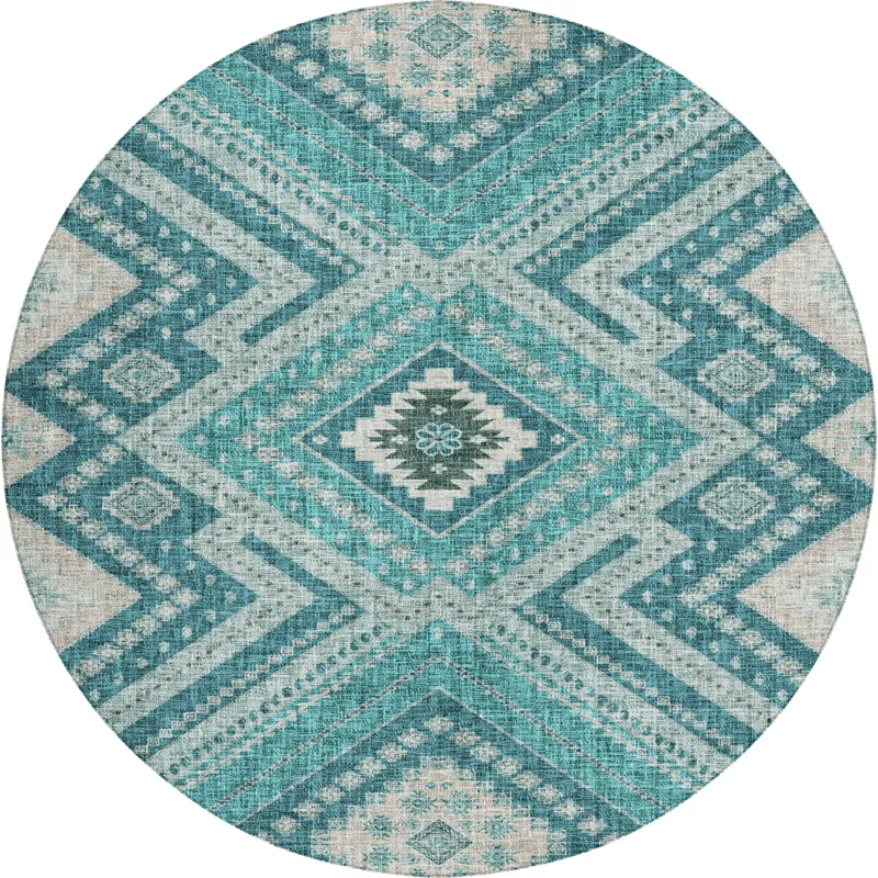 Luxury Washable Indoor/Outdoor Portico Teal 8\' x 8\' Round Rug