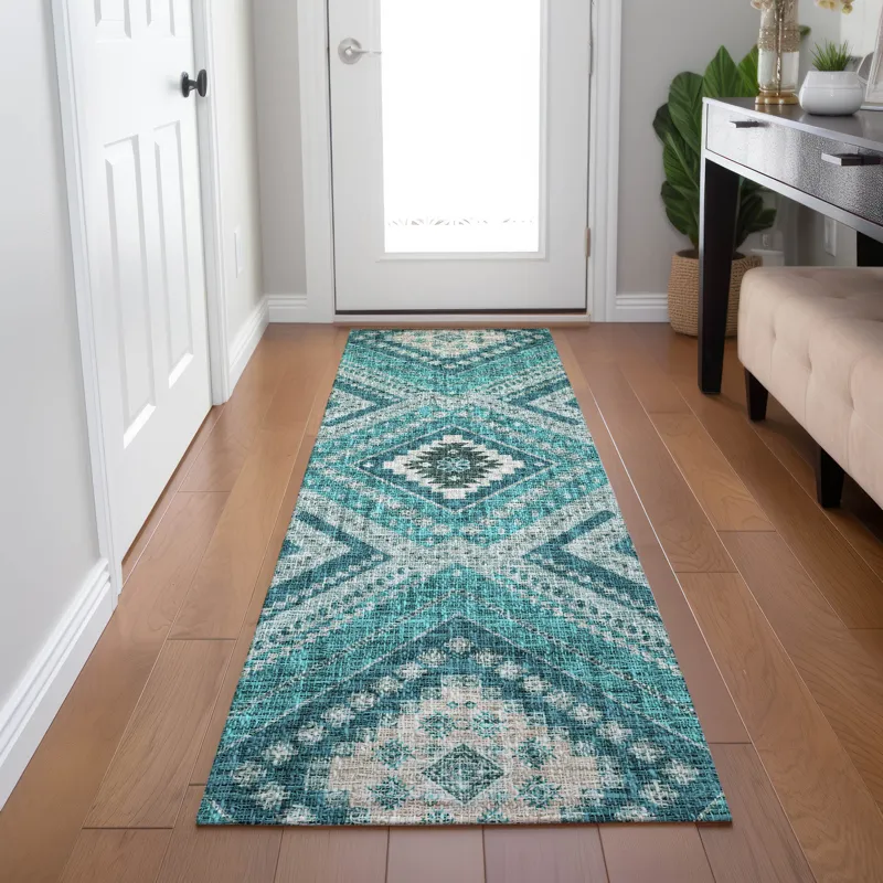 Luxury Washable Indoor/Outdoor Portico Teal 2\'3\" x 7\'6\" Runner Rug