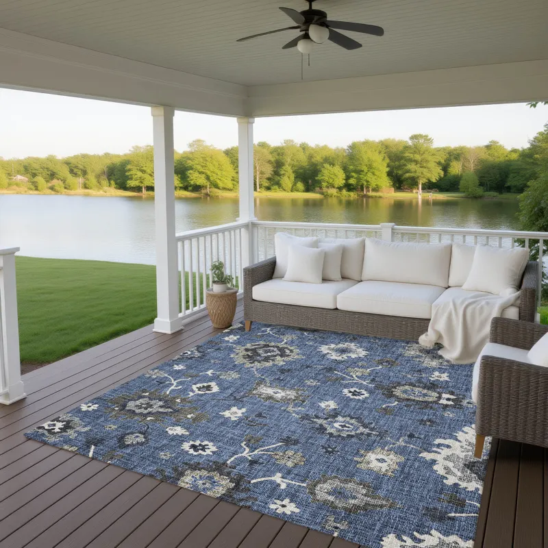Luxury Washable Indoor/Outdoor Portico Blue 9\' x 12\' Rug