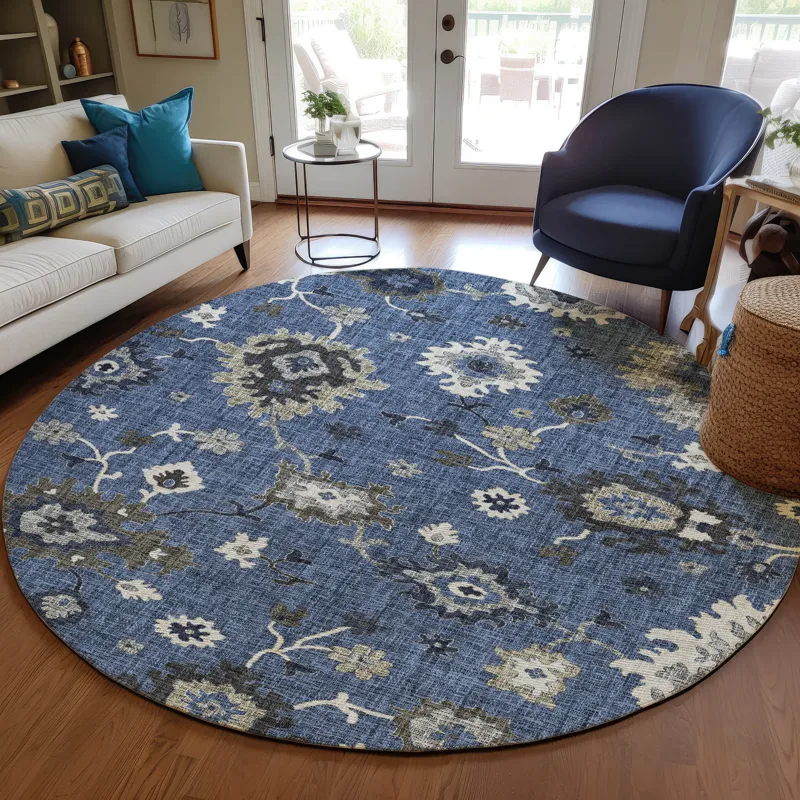 Luxury Washable Indoor/Outdoor Portico Blue 8\' x 8\' Round Rug