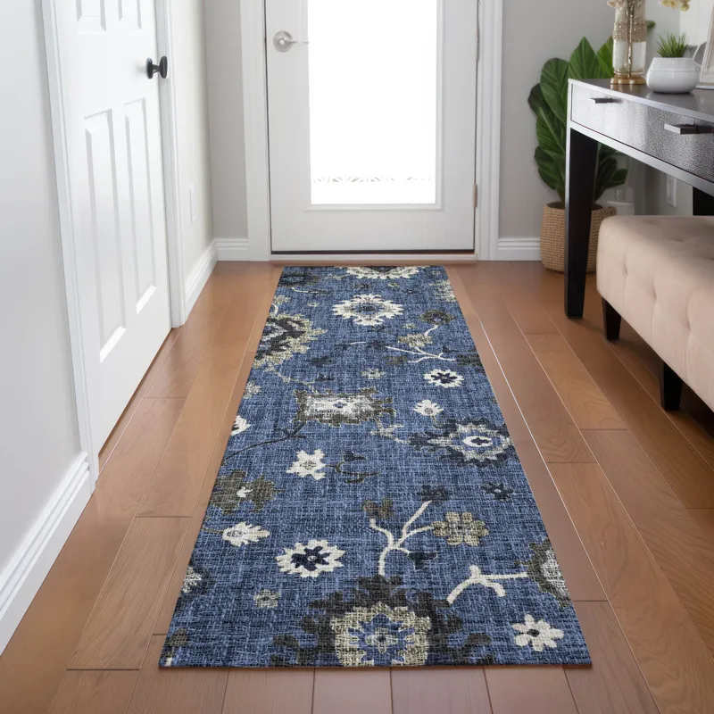Luxury Washable Indoor/Outdoor Portico Blue 2\'3\" x 7\'6\" Runner Rug