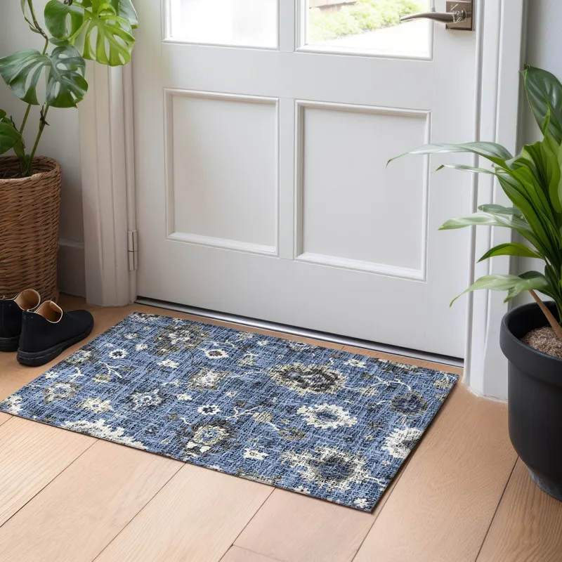 Luxury Washable Indoor/Outdoor Portico Blue 1\'8\" x 2\'6\" Rug