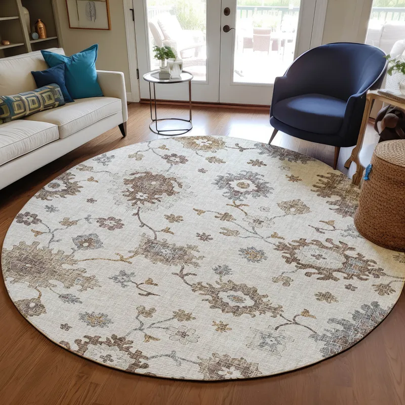 Luxury Washable Indoor/Outdoor Portico Ivory 8\' x 8\' Round Rug