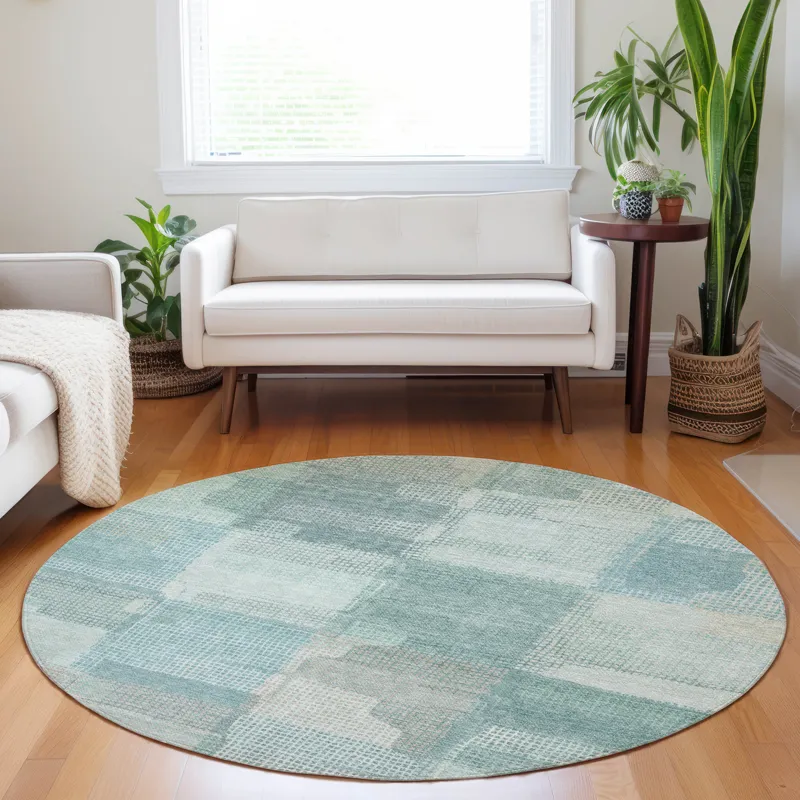 Luxury Washable Indoor/Outdoor Ravenna Teal 8\' x 8\' Round Rug