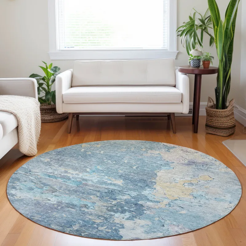 Luxury Washable Indoor/Outdoor Ravenna Blue 8\' x 8\' Round Rug