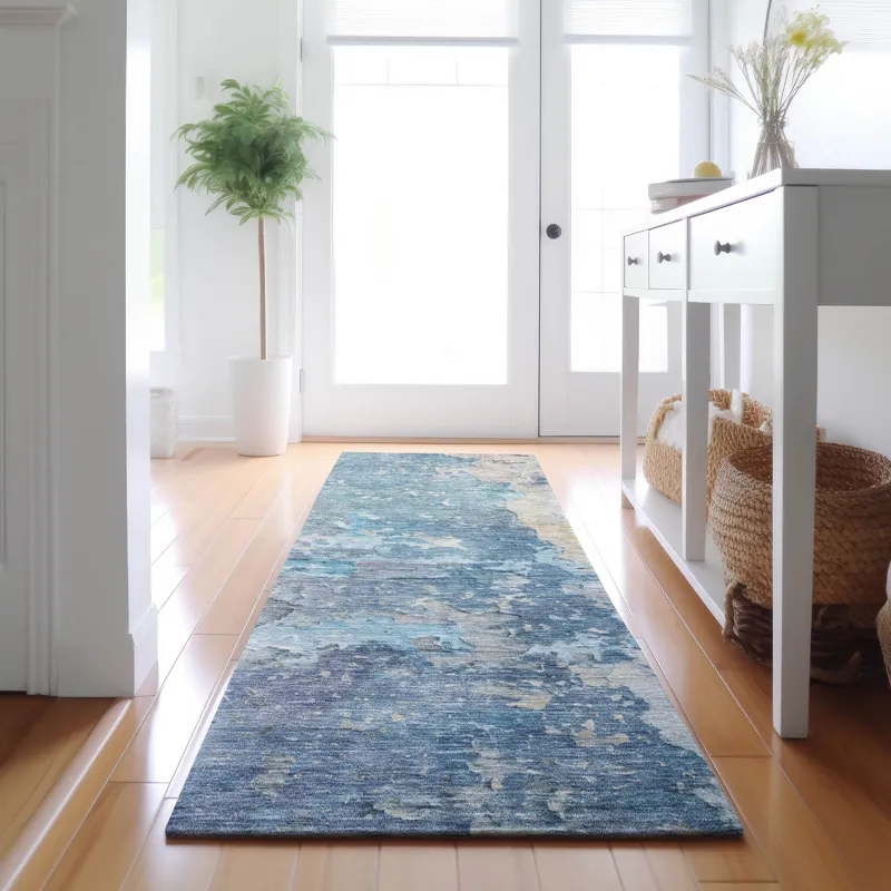 Luxury Washable Indoor/Outdoor Ravenna Blue 2\'3\" x 7\'6\" Runner Rug