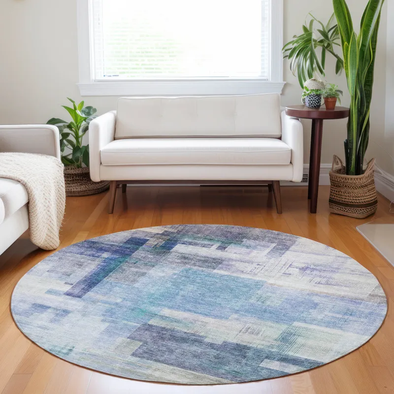 Luxury Washable Indoor/Outdoor Ravenna Blue 8\' x 8\' Round Rug