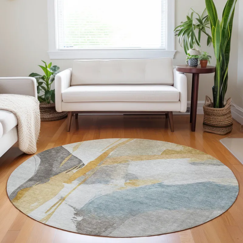 Luxury Washable Indoor/Outdoor Ravenna Gold 8\' x 8\' Round Rug