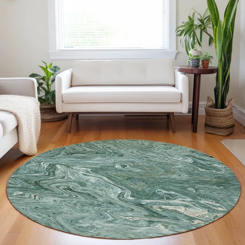 Luxury Washable Indoor/Outdoor Ravenna Teal 8\' x 8\' Round Rug