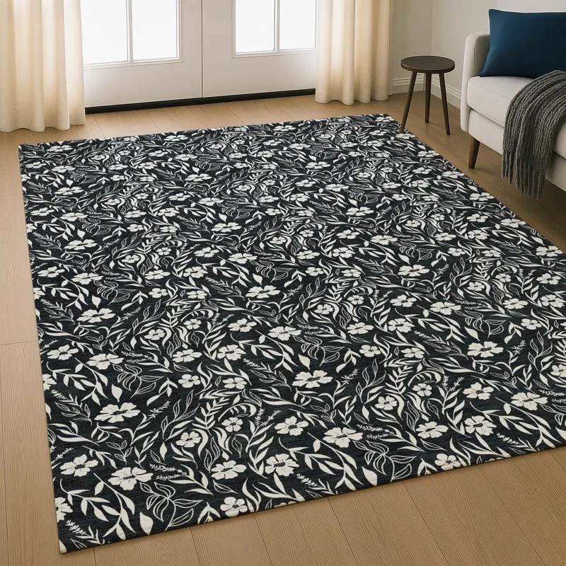 Luxury Washable Indoor/Outdoor Soft Essentials Black 5\' x 7\'6\" Rug