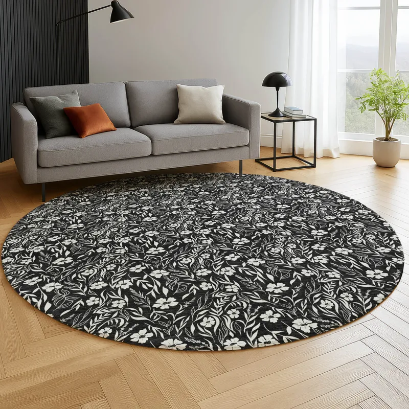 Luxury Washable Indoor/Outdoor Soft Essentials Black 8\' x 8\' Round Rug