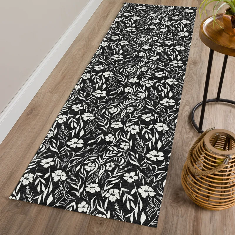 Luxury Washable Indoor/Outdoor Soft Essentials Black 2\'3\" x 7\'6\" Runner Rug