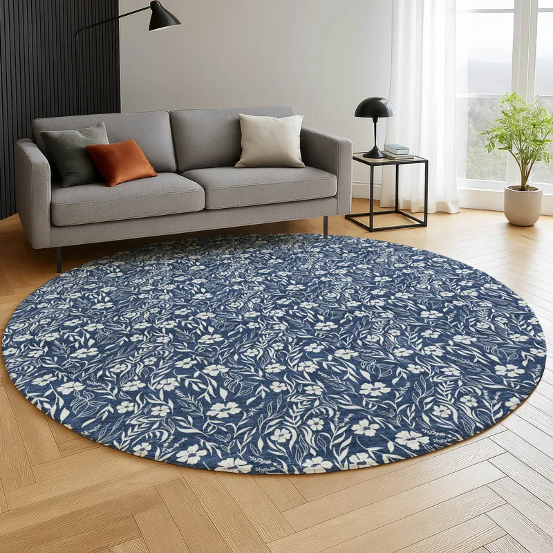 Luxury Washable Indoor/Outdoor Soft Essentials Navy 8\' x 8\' Round Rug