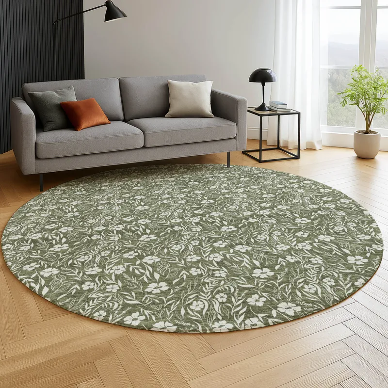Luxury Washable Indoor/Outdoor Soft Essentials Olive 8\' x 8\' Round Rug