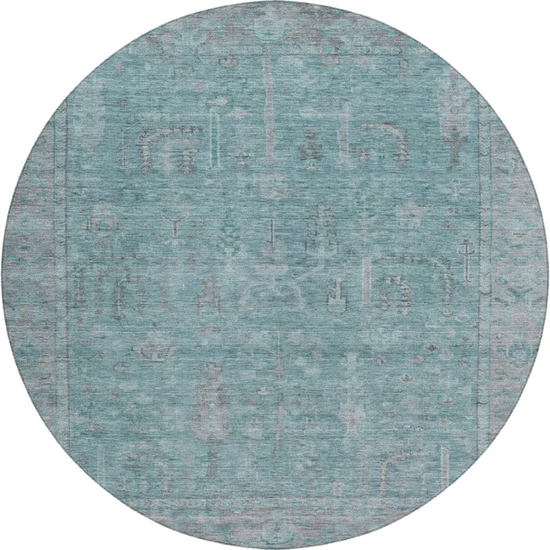 Luxury Washable Indoor/Outdoor Solace Aqua 8\' x 8\' Round Rug
