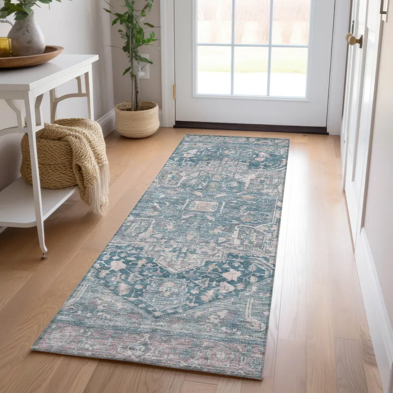 Luxury Washable Indoor/Outdoor Solace Blue 2\'3\" x 7\'6\" Runner Rug
