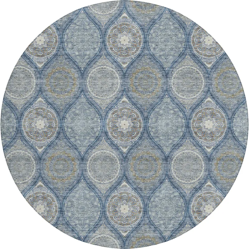 Luxury Washable Indoor/Outdoor Solace Navy 8\' x 8\' Round Rug