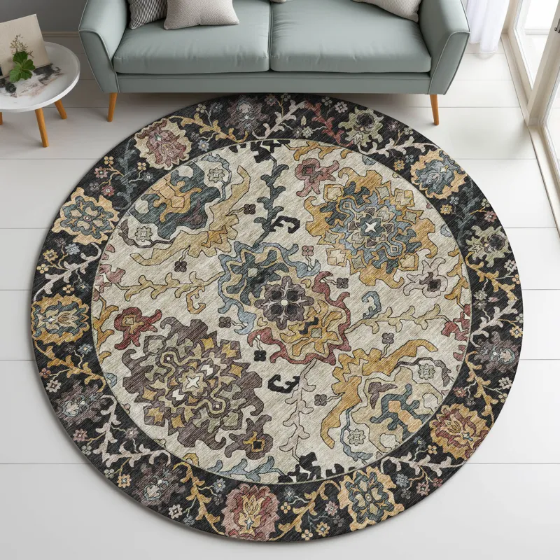 Indoor/Outdoor Silk Road Black 8\' x 8\' Round Rug