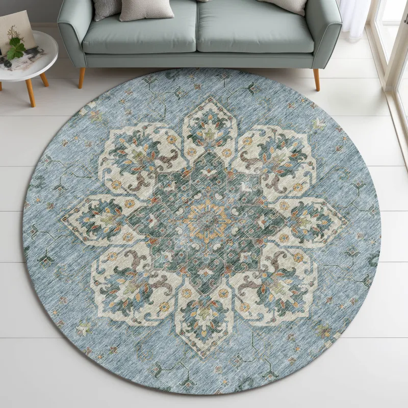 Indoor/Outdoor Silk Road Aqua 8\' x 8\' Round Rug
