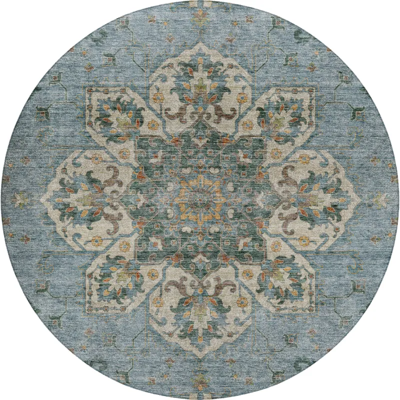 Indoor/Outdoor Silk Road Aqua 8\' x 8\' Round Rug