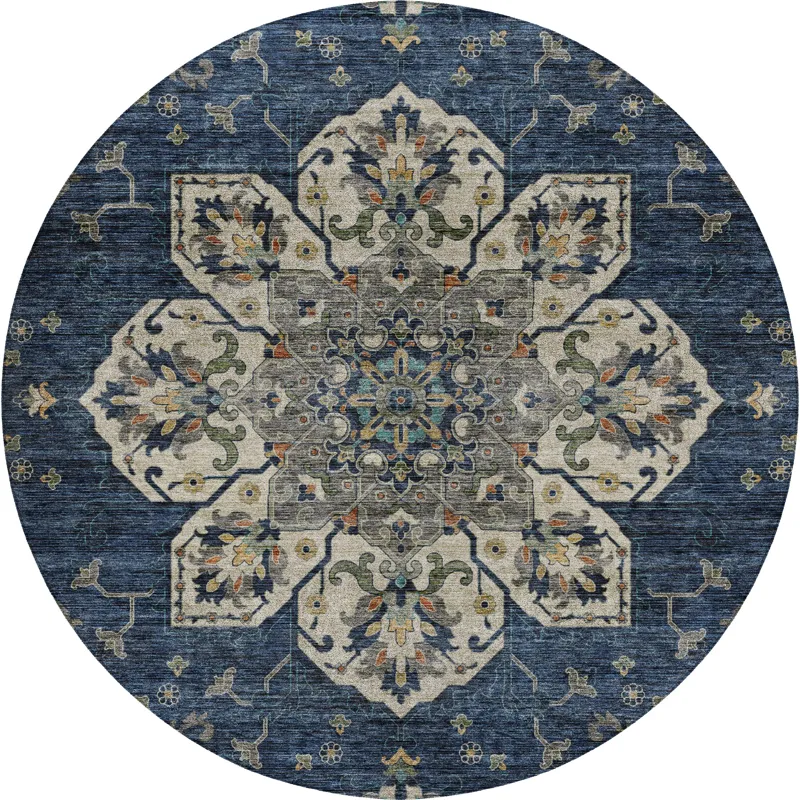 Indoor/Outdoor Silk Road Navy 8\' x 8\' Round Rug