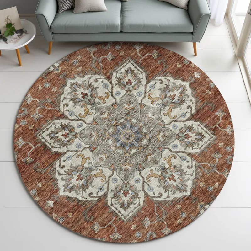 Indoor/Outdoor Silk Road Paprika 8\' x 8\' Round Rug