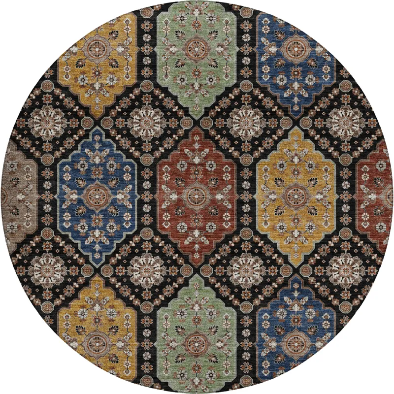 Indoor/Outdoor Silk Road Black 8\' x 8\' Round Rug