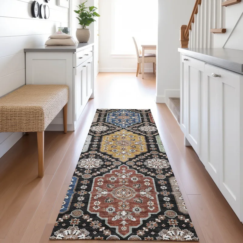 Indoor/Outdoor Silk Road Black 2\'3\" x 7\'6\" Runner Rug