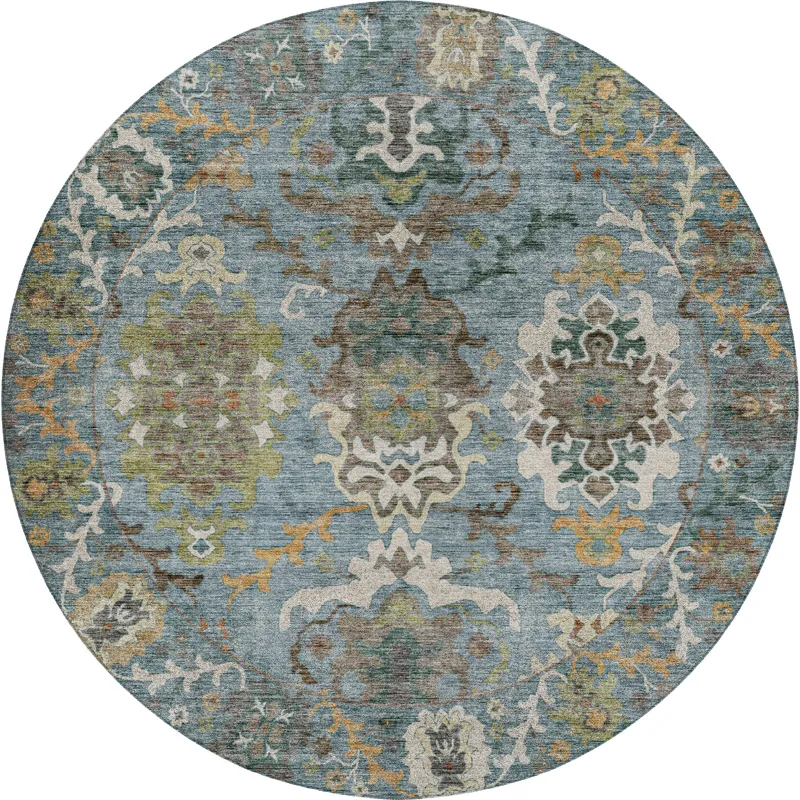 Indoor/Outdoor Silk Road Aqua 8\' x 8\' Round Rug