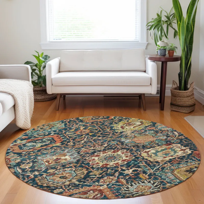 Luxury Washable Indoor/Outdoor Tabrook Navy 8\' x 8\' Round Rug